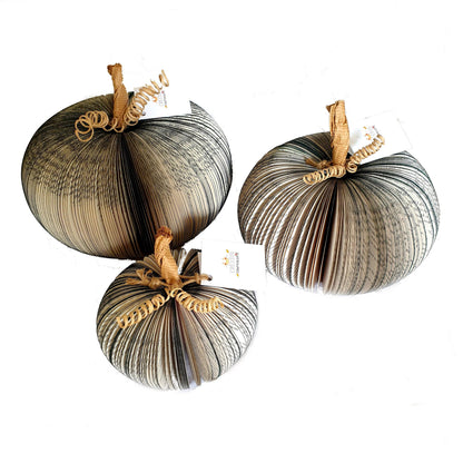 Set of 3 black handmade book pumpkin displayed as autumn decoration
