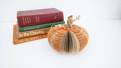 Close-up of Small handmade book pumpkin showing hand-cut book pages