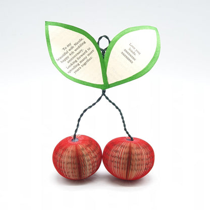Handmade personalised cherries made from real book pages with custom message leaves, thoughtful 4th anniversary gift for wife or book lover.