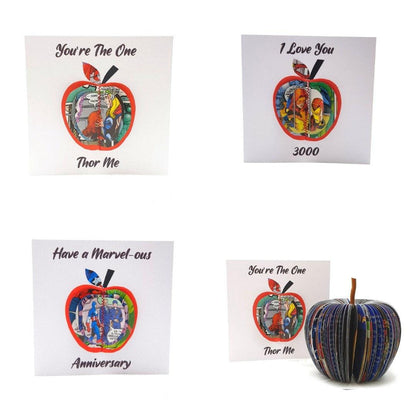 Superhero comic book apple displayed with matching anniversary card option