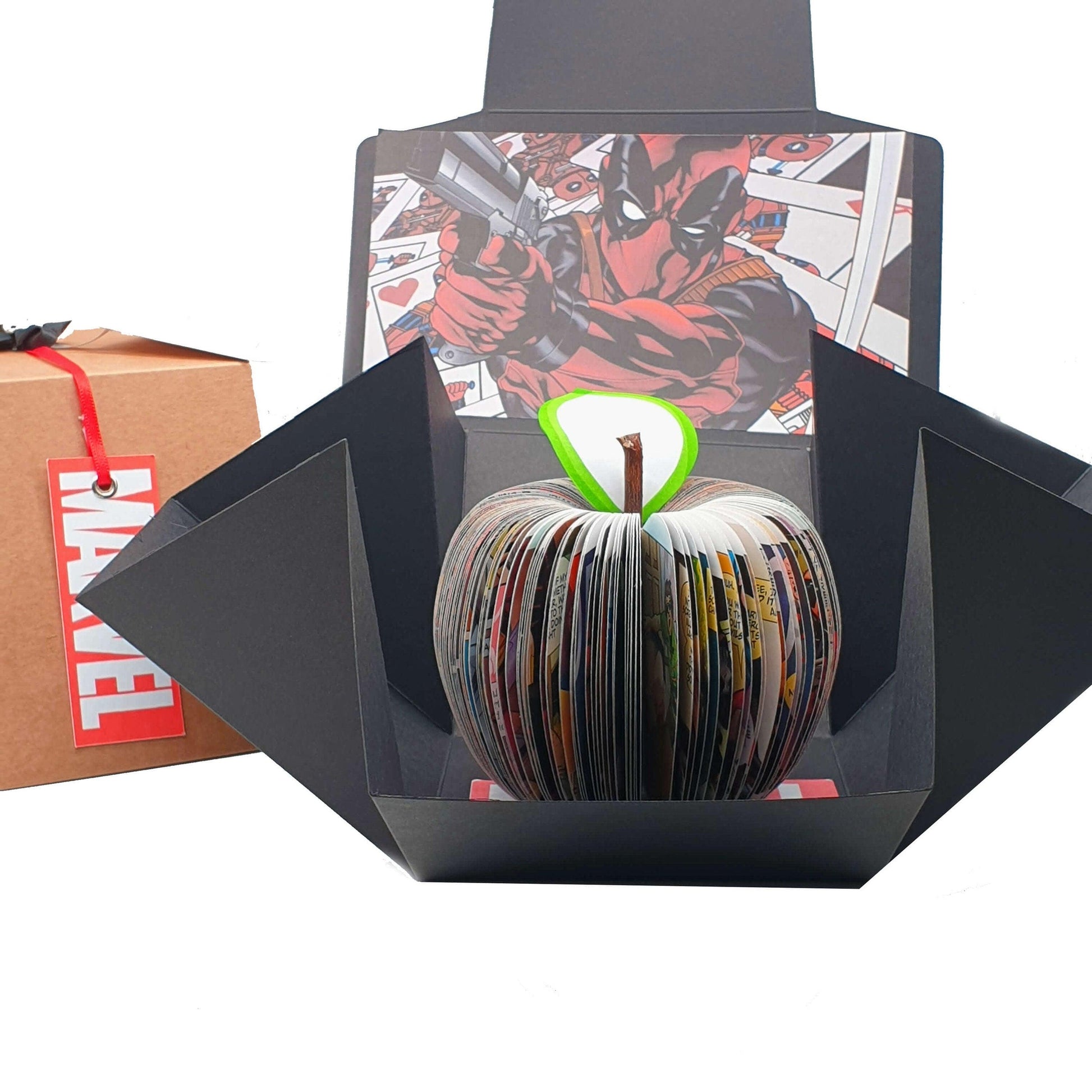 Personalised superhero apple presented in luxury black gift box ready for anniversary gifting